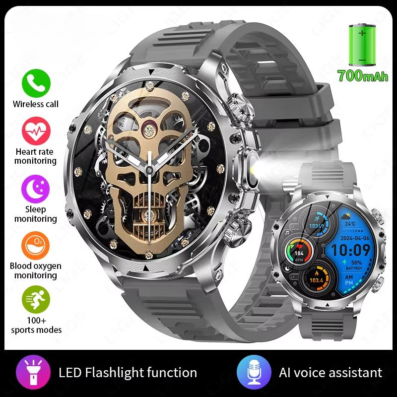 2025 Neue Smartwatch Taschenlampe 1,9 Zoll Herren Outdoor Sport Fitness Tracker 700mAh Großer Akku BT Anrufe LED Licht Smartwatch Silicone Belt grau