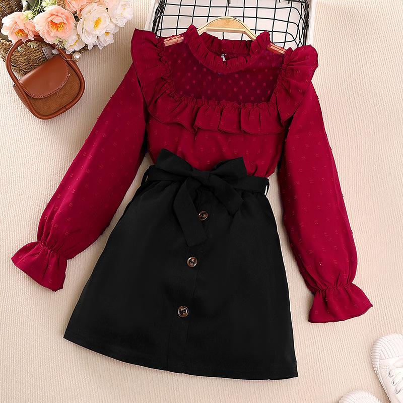 Kinder Casual Kleidung Sets für Mädchen Frühling Herbst 2023 Neue Teen Kind Langarm Rüschen Mesh Patch Tops Kurzen Rock sets Kleidung 7-8Y rot