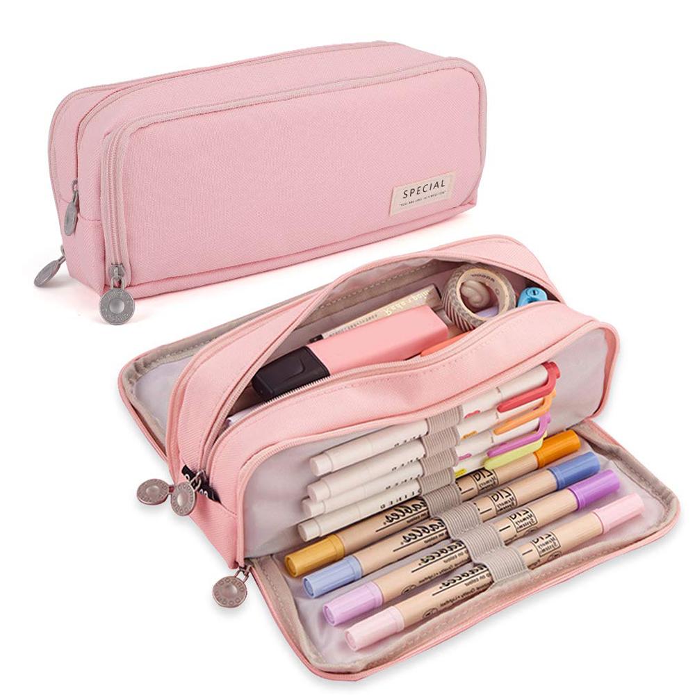 Bleistifttasche mit großer Kapazität, 3 Fächer, multifunktionale Stifttasche für Mädchen und Jungen, Schüler, Büro, Schreibwaren-Organizer rosa