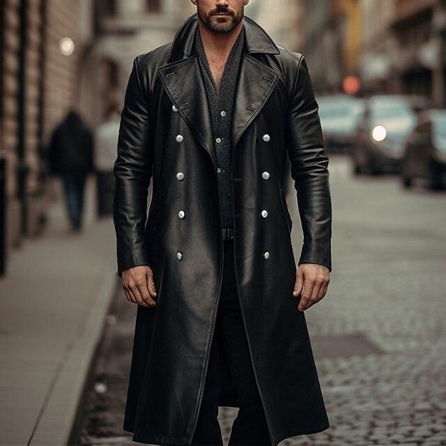 Neuer langer Leder-Trenchcoat für Herren im Herbst und Winter, zweireihige Lederjacke, Ledermantel für Herren 3XL