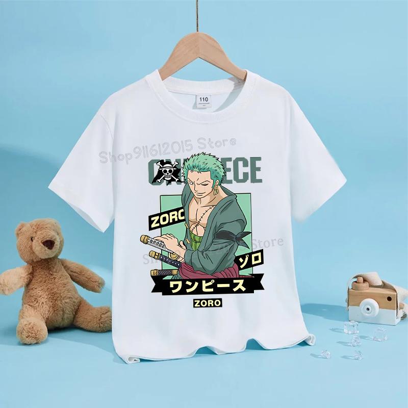 Anime Luffy Zoro Boy T-Shirt One Piece Kurzarm Weiße Oberteile Sommer Kinderkleidung Kleinkind Baumwoll-T-Shirts Babykleidung 150