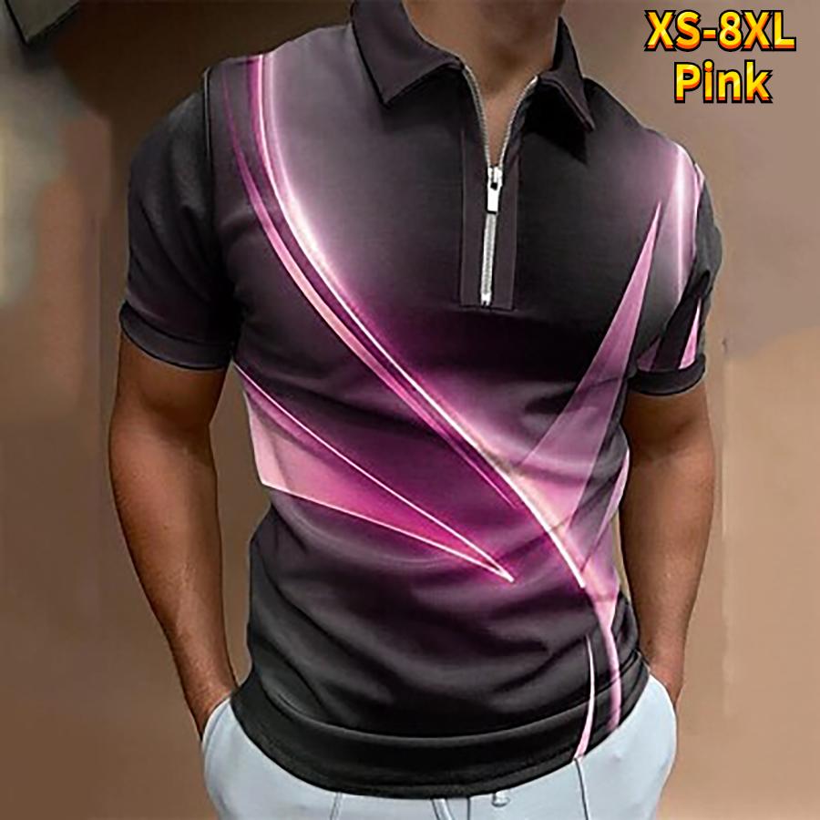 Lässiges Revers-T-Shirt, modisches Reißverschluss-T-Shirt für junge Männer, kurzärmliges T-Shirt für Herren, 3D-T-Shirt mit gelbem hellem Lichtdruck XS rosa