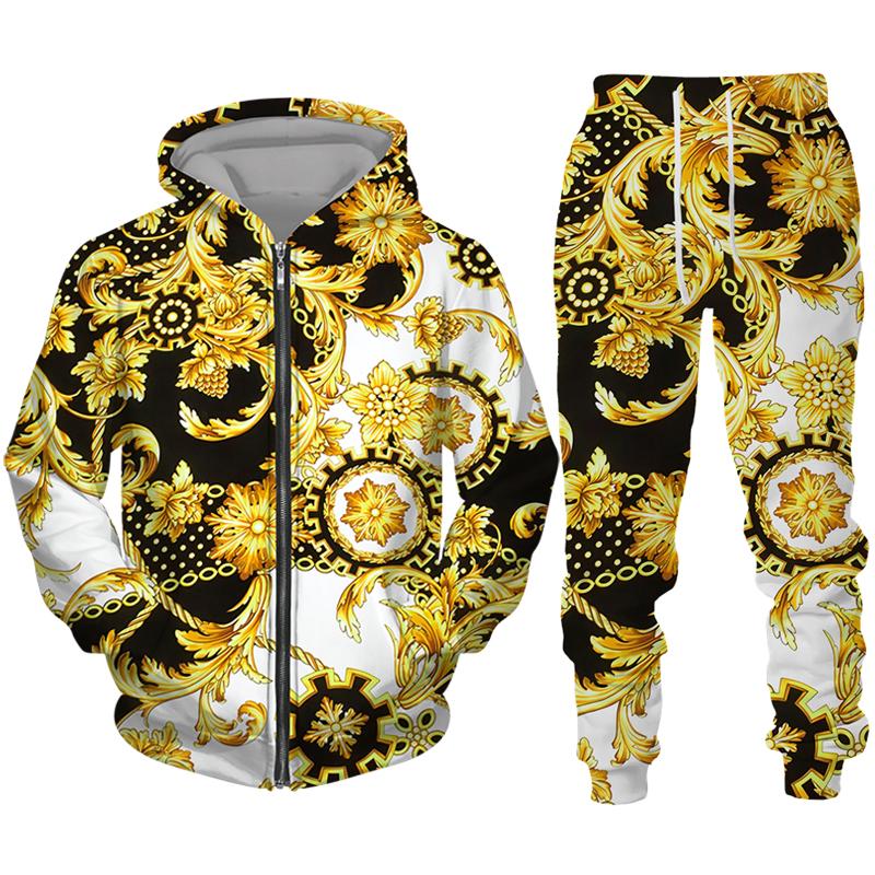 Luxus Goldene Muster 3D Druck männer Zipper Trainingsanzug Set Casual Hoodie + Hosen 2 stücke Sets Übergroßen Sweatshirt Mode männer Kleidung 2XL