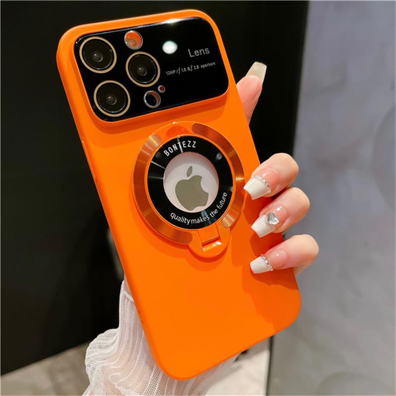 Für iPhone 15 Pro Max Luxus Magsafe Magnetische Quadratische PC Rahmen Stand Telefon Fall Für iPhone 11 12 13 14 15 Plus Objektiv Schutzhülle iPhone 13 Pro Max orange