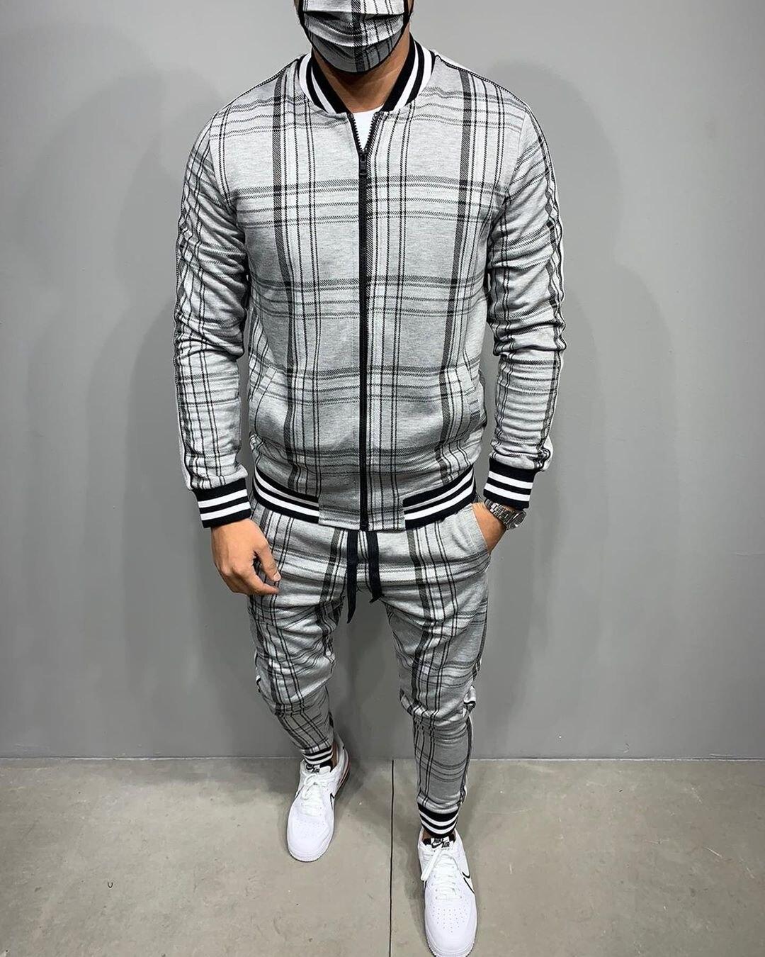 Trainingsanzug Herren Sportanzüge Herren Set Reißverschlussjacke Anzug Langarm Streifen Mantel+Hose Fitnessstudios Herren Set Lässige Sportbekleidung Anzug XL silber