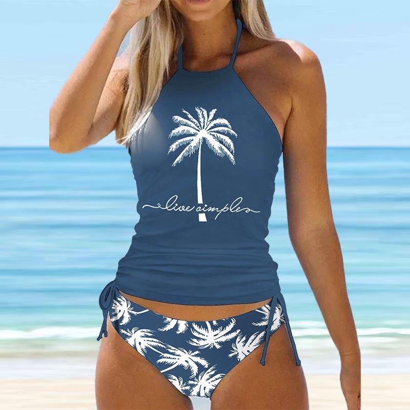 Blauer Neckholder-Bikini-Tankini-Badeanzug mit Kokosnussbaum-Print für Damen XL blau