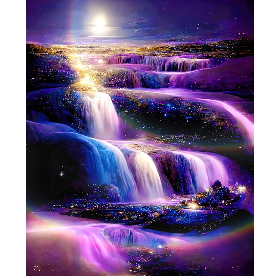 Rahmen Wasserfall Malen Nach Zahlen Für Erwachsene Kits Mond Nacht Bild Mit Zahlen Starter Kit Für Diy Geschenk Hause Wand Kunst 40x50cm 40x50cm NO Frame