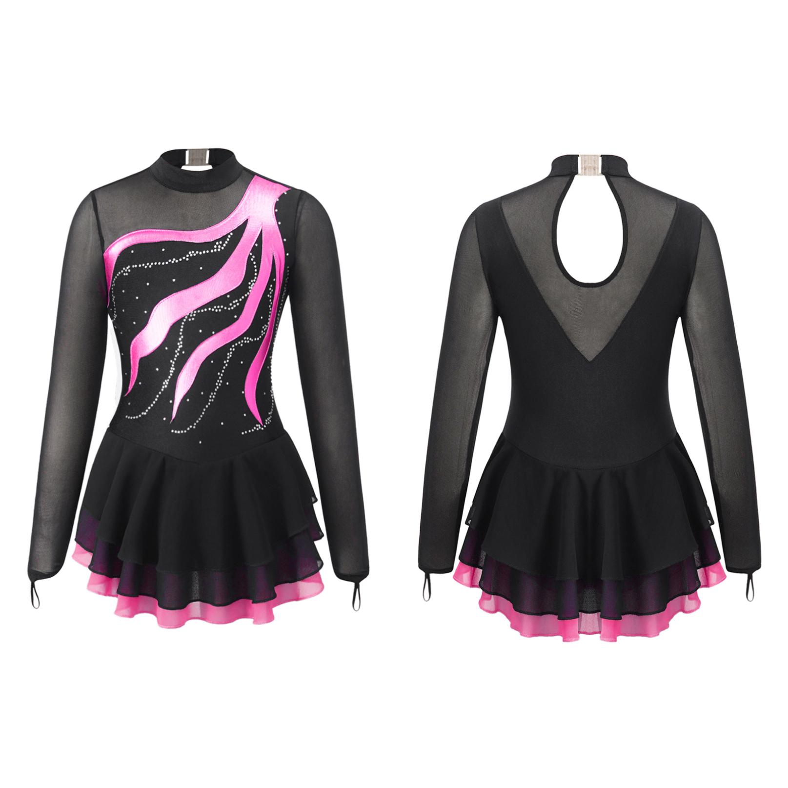 Kinder Mädchen Langarm Eiskunstlauf Kleid Glänzende Strass Mesh Tutu Ballett Gymnastik Tanz Trikot Kleid 11-12 Years heißes rosa