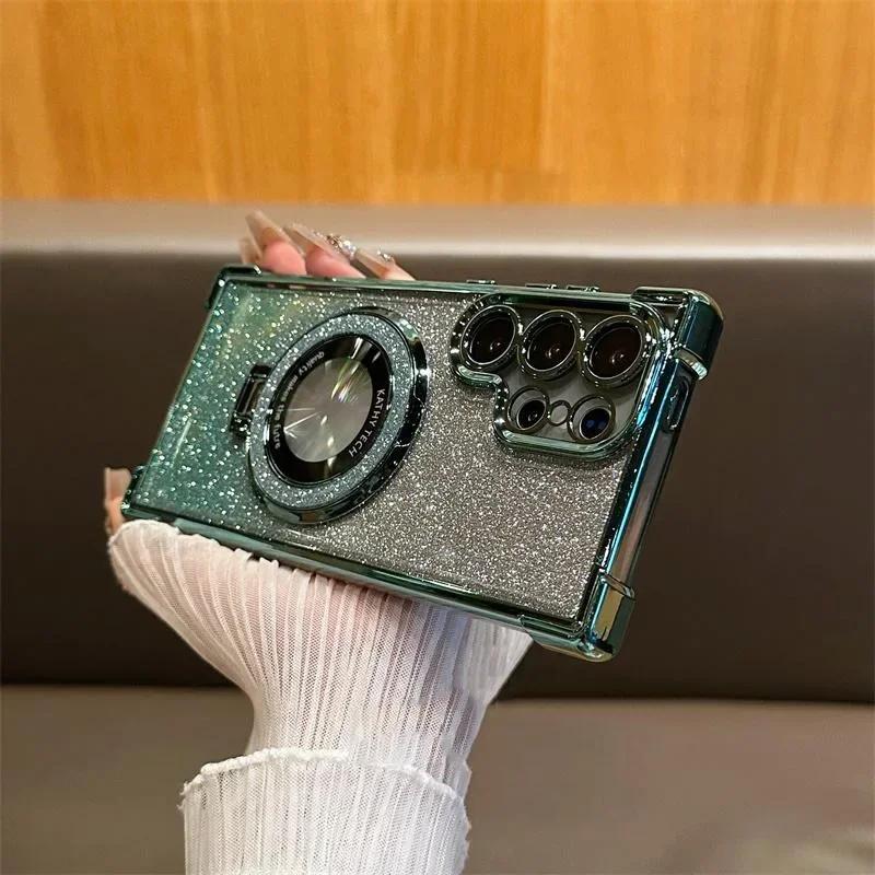 Luxuriöse Magsafe Holde Glitzerhülle für Samsung Galaxy A24 A55 5G A53 A54 S25 24 Ultra S23 FE S22 Plus S21 S20 Stoßfeste, klare Abdeckung Samsung S23 Ultra grün