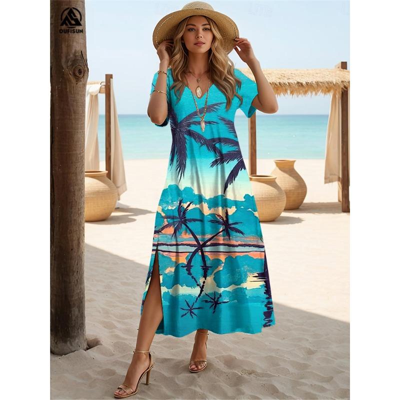 2024 Hawaiian Damenkleider Cocoanut Tree Print Midikleider Urlaub Damen Kurzarmkleid Mode Sommerkleider mit V-Ausschnitt L blue