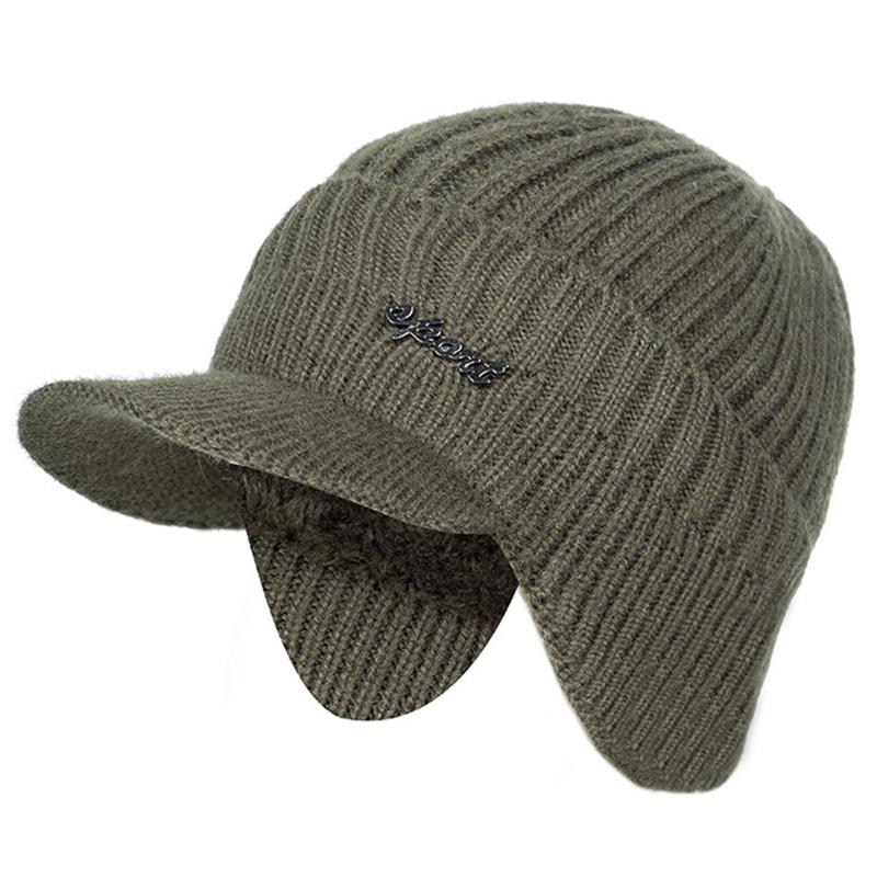 Neu hinzufügen Pelzgefütterte Wintermützen Stilvoll mit Krempe Weiche Beanie-Mütze für Männer Frauen Klassische gestrickte Ohrenklappenmütze Warme Mützen mit Ohren 54cm-62cm armee grüne