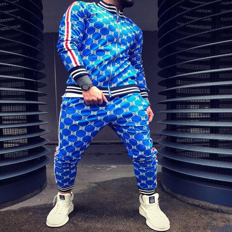 Trainingsanzug Herren Sportanzüge Herren Set Reißverschlussjacke Anzug Langarm Streifen Mantel+Hose Fitnessstudios Herren Set Lässige Sportbekleidung Anzug XXL