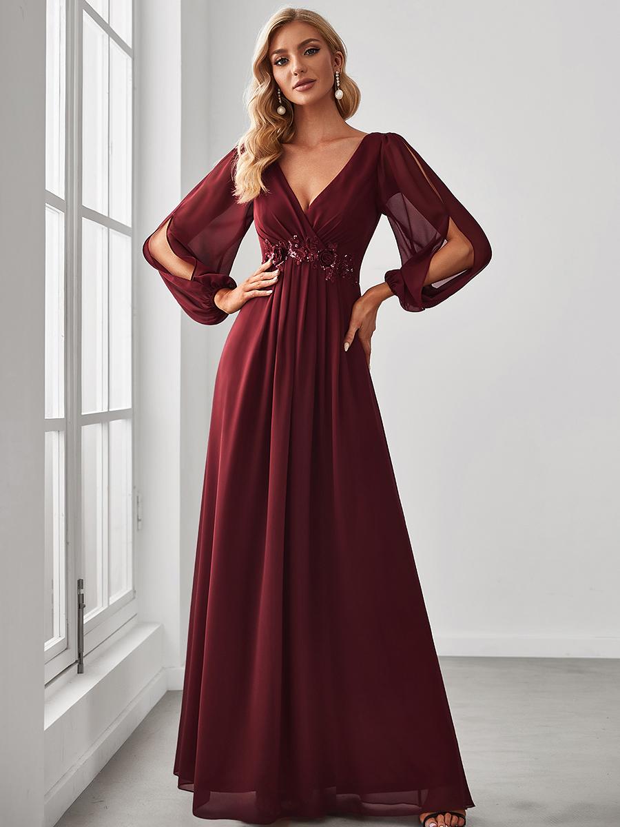 Ever-Pretty Damen Bodenlanges Abendkleid mit langen Laternenärmeln, Chiffon, tiefem V-Ausschnitt und Applikationen, Hochzeitsgastkleid XL bordeaux