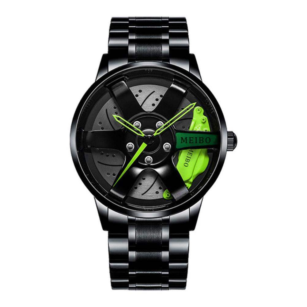 Herren-Sportuhr, wasserdicht, Auto-Rad-Uhren, 3D-Hohlrad-Design, Edelstahl-Uhr