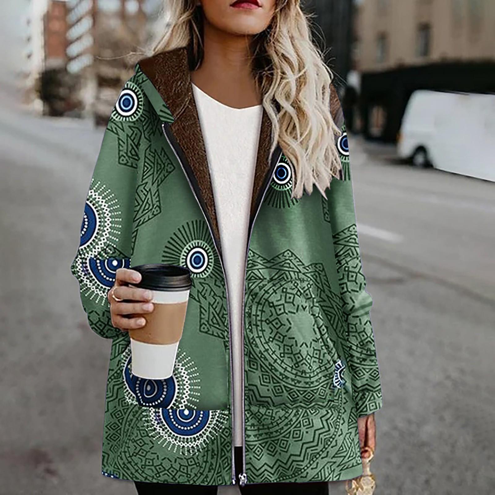 Damen Wintermantel, lässige Outwear, warm, Retro-Print, Taschen, Reißverschluss, Kapuze, dicker Mantel, Übergröße 2XL grün