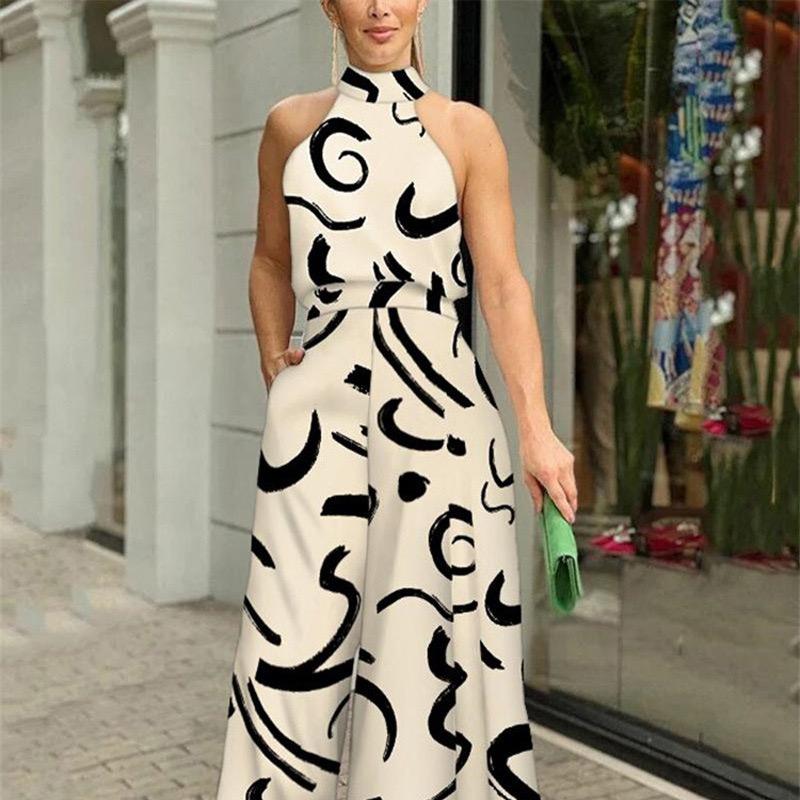 Eleganter Taillen-Halfter-Overall, lässiger Druck, Krawatte, ärmellose Taille, Sommer, weites Bein, lange Hose, Overall, Damenbekleidung S apricot