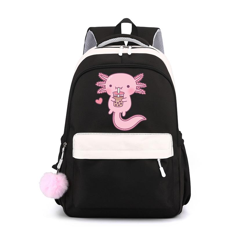 Niedliche Kawaii Axolotl Rucksäcke für Männer und Frauen Axolotl Schultasche niedlicher Cartoon Reißverschluss Rucksack große Kapazität Schultasche schwarz