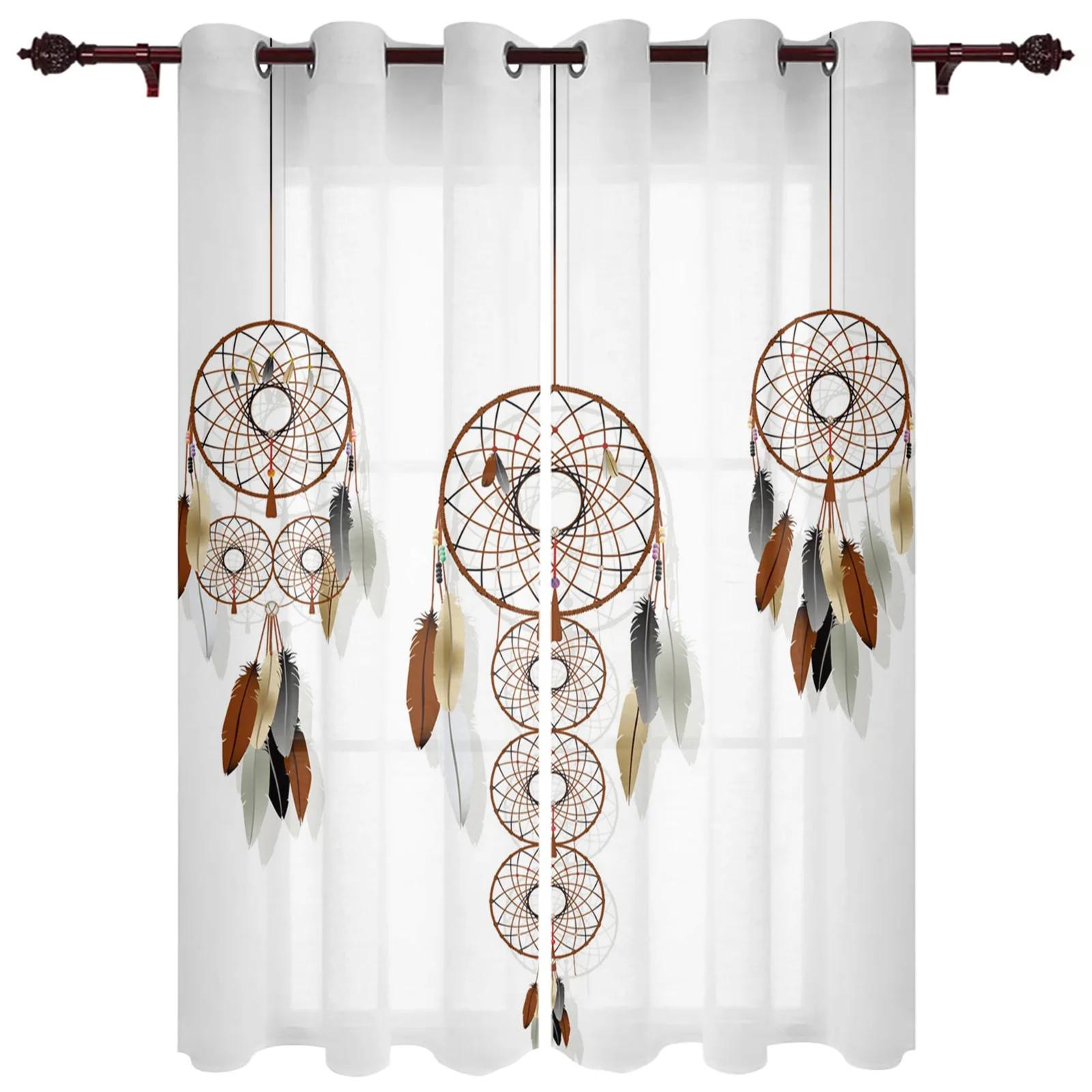 Bohemian Traumfänger Aquarell Feder Design Moderne Fensteröffnung Vorhänge ideal für Wohnzimmer Schlafzimmer Raum Vorhang Schattierungen Gardinen Türvorhänge 100W160H(CM)40x63in&rod pocket white
