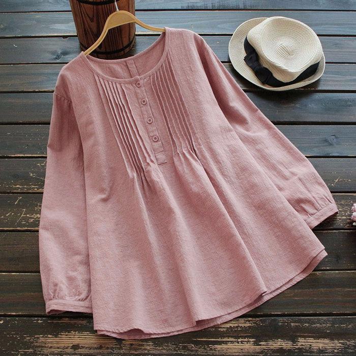 Frauen Herbst Casual Langarm O Neck Lose Bluse Vintage Harajuku Solide Baumwolle und Leinen Hemd Übergroßen Tops XXXL rosa
