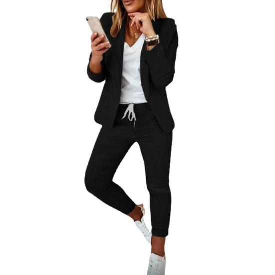 2 Teile/satz Frauen Mantel Hosen Set Business Set Lange Ärmel Einfarbig Kordelzug Elastische Taille Revers Slim Fit Hosen Blazer hosen Anzug 3XL schwarz