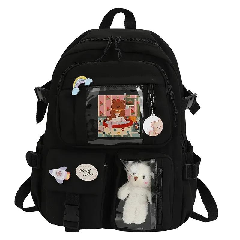 Kawaii Ästhetischer Damen-Rucksack, Schultasche für Teenager, Mädchen, japanisch-koreanischer Rucksack, Studenten-Büchertaschen, süßer Schulrucksack, Mochila schwarz