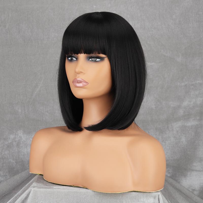 MISS WIG Kurze gerade Bob-Perücke für Damen mit Pony, Kunstfaser, grau, für Cosplay, Alltag, schulterlange Bob-Perücke