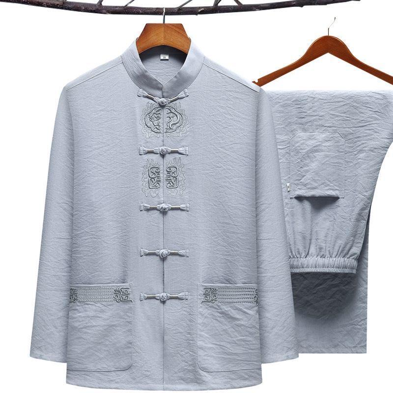 Übergröße Herren Kung Fu Anzug Stickerei Tang-Anzug Frühling Herbst 2-tlg. Hemd & Hose Traditionelle chinesische Tai Chi Kleidung 3XL 4XL 5XL XL licht grau