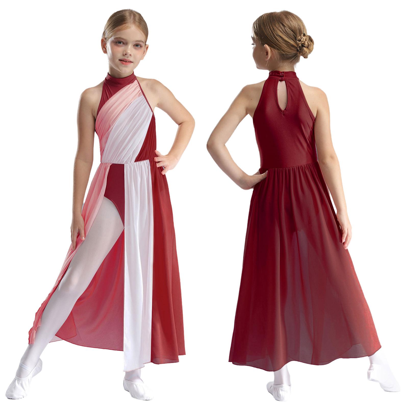Kinder Mädchen Lyrical Modern Dance Kleid Asymmetrische Split Ballett Gymnastik Trikot Figur Eislaufen Tanzbekleidung Performance Kleider 11-12 Years bordeaux