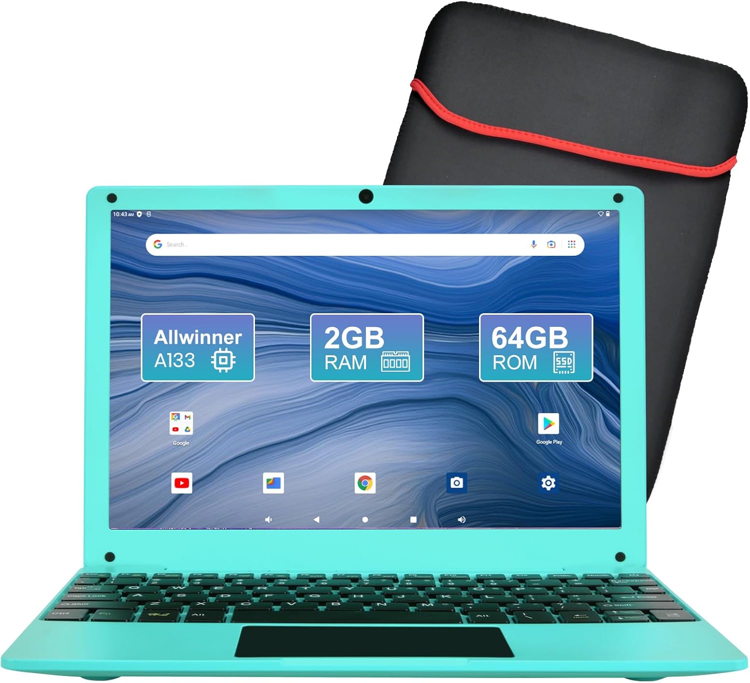 10,1-Zoll-Laptop mit Quad-Core-Prozessor und Android 12, 2 GB RAM, 64 GB ROM, integrierter Kamera, WLAN, USB-Schnittstelle, Tpye-C-Aufladung für Lernen und Unterhaltung 10.1 inch blau