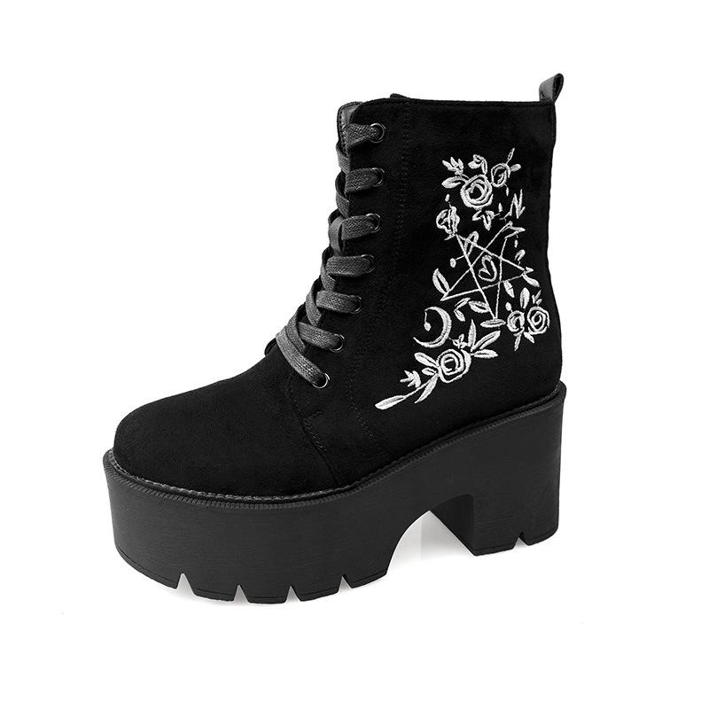 Mode Punk Goth Damen Motorradstiefel Outdoor Plateau High Heels Schuhe Frau 2025 Neu Schwarz Mode Wildleder Stickerei Stiefel Damen 43 schwarz