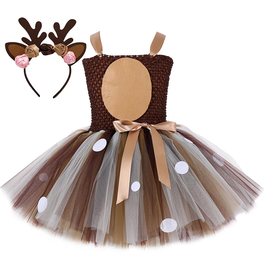 Hirsch-Kostüm für Mädchen, Weihnachten, Tutu-Kleid, Halloween, Elch, Rentier, Verkleidung für Kinder, Mädchen, Geburtstagsparty, Kleidung 9-10 Years braun
