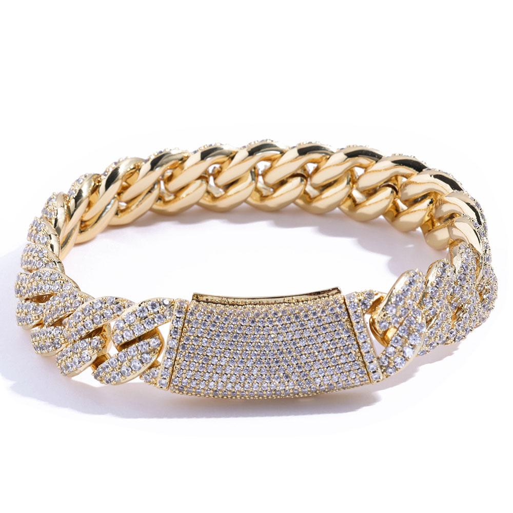 13mm Kubanische Kette Damen Armband Echt Gold Plated Hip Hop Rock Street Schmuck Iced Out Anhänger Armbänder für Mann W6727WW-Gold Color beige