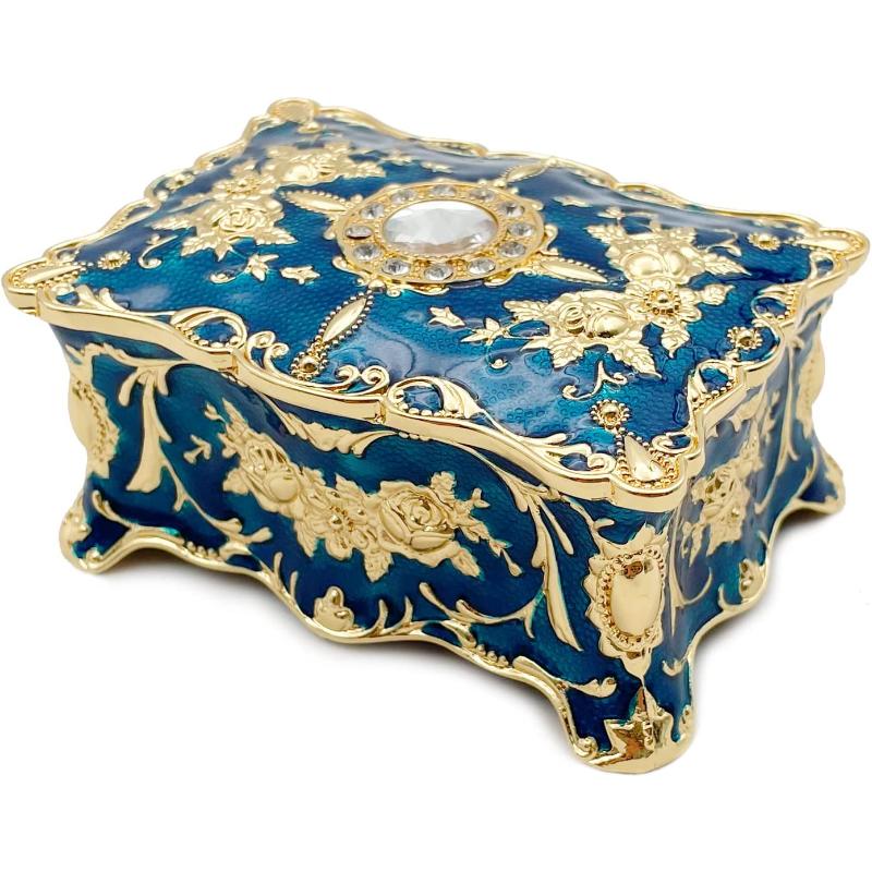 Retro-Schmuckkästchen, dekorative Schmuck-Organizer-Box für Reisen, tragbar, für Damen, Mädchen, Kinder, kleiner Vintage-Schmuck-Aufbewahrungs-Organizer für Halskette, Ohrringe blau