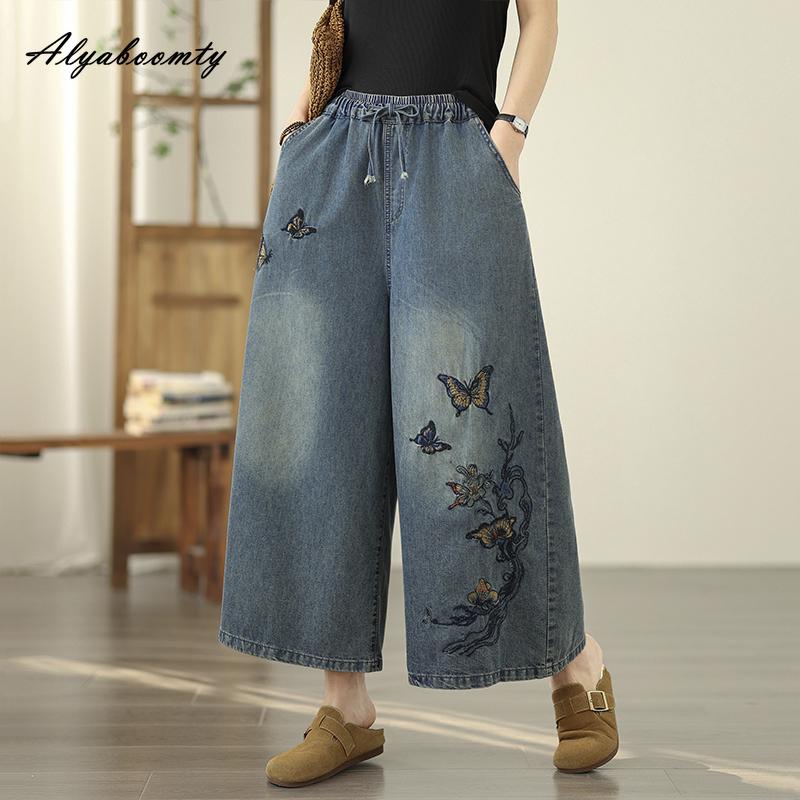 Große Größe Frühling Sommer Damen Dünne Blaue Jeans Hohe Taille Schmetterlingsstickerei Weites Bein Denim Caprihosen Lässig Locker Retro Damenjeans Mit Taschen XXL blau