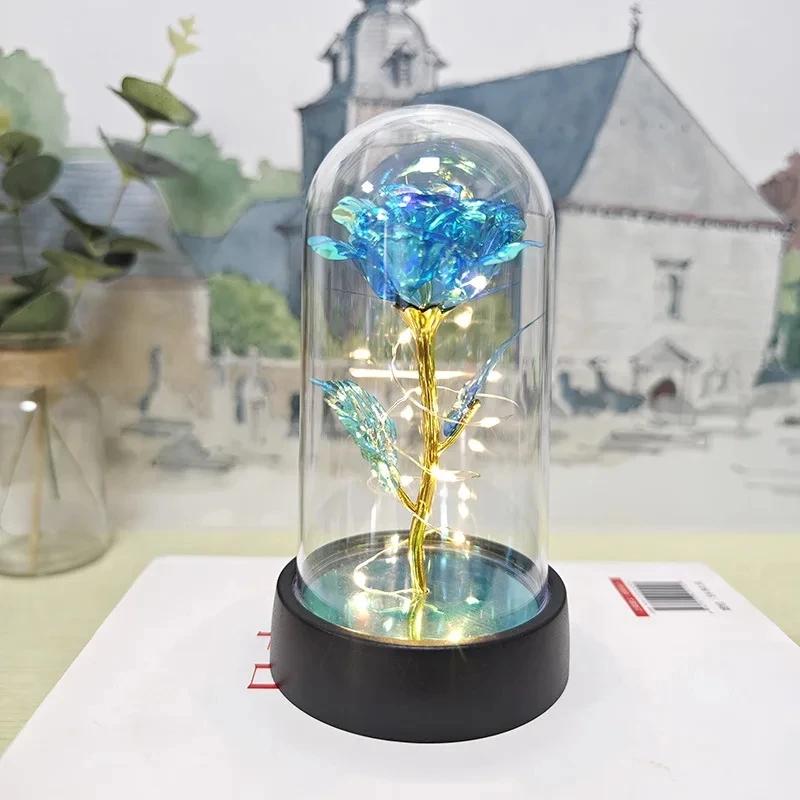 Künstliche Rosenblüten, Valentinstagsgeschenk für die Freundin, ewige Rose, LED-Licht, Folienblume, Hochzeitsdekor, Weihnachtsgeschenke Warm light blau
