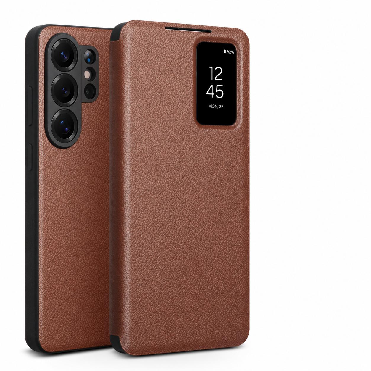Für Samsung Galaxy S26 / S26+ / S26 Ultra Echte Leder Smart Flip Hülle Leichte Handyhülle mit Smart View für S26 Serie Galaxy S26 braun