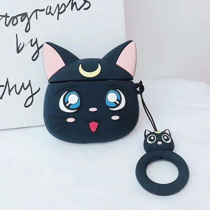 Niedliche Mondkatze Geeignet für Apple Airpods 1/2 3 Pro Pro2 Dreifarbig Optional Anhänger Cartoon Kopfhörer Weiche Hülle For Airpods 1 or 2 schwarz