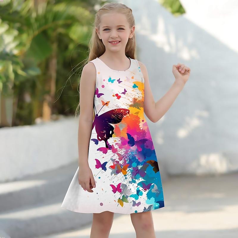 Mädchenkleid, ärmellos, 3D-Schmetterlings-Halskettendruck, Sommer, Frühling, Alltag, süß, lässig, süß, Kinder-A-Linien-Kleid, Tank-Kleid, Schlafen, Gute-Nacht-Kleid 150 bunt
