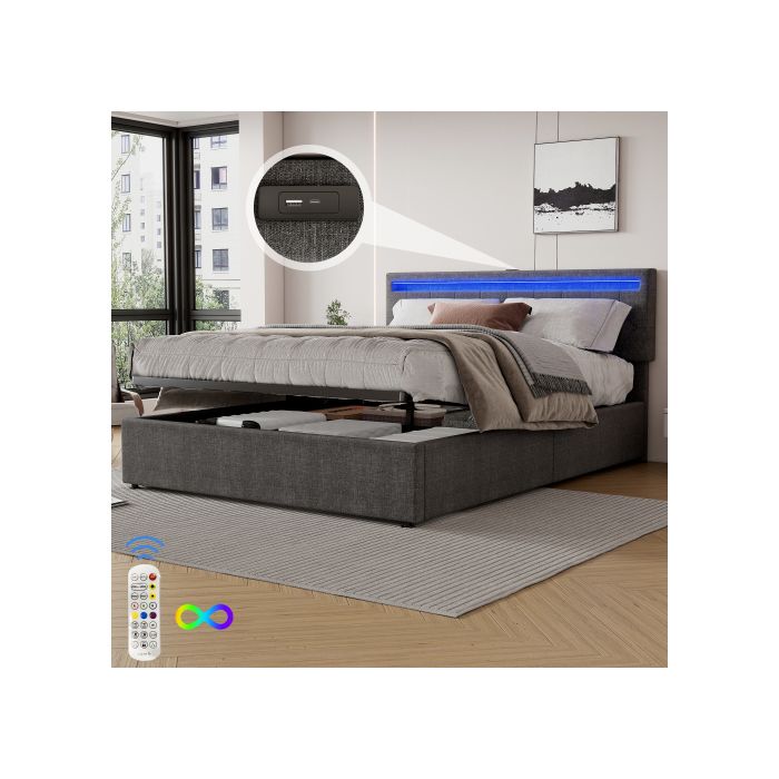 Bett - MUVOE - 160x200 cm - Kopfteil mit USB - Stauraum unter dem Bett - Mehrfarbige LED grau