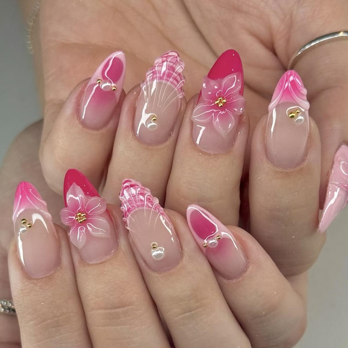 24 Stück Süße Rosa Smudging French Press auf Nägeln Vollabdeckung 3D Blume Seestern Mandel Falsche Nägel für Frauen Mode Schönheit Ins Nagel