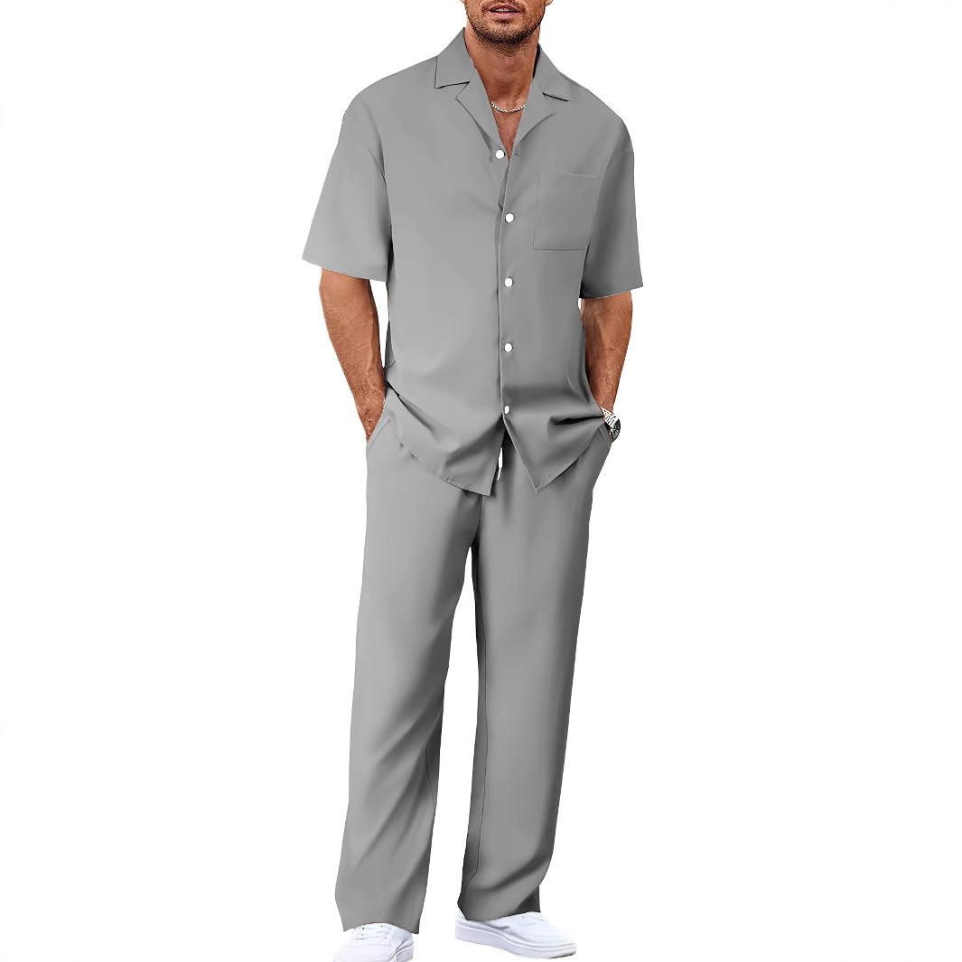 (Hemd+Hose) Sommer Herrenmode Klassisches Hemd Herren Business Casual Shirts Herren Ein Satz Kleidung XXL grau