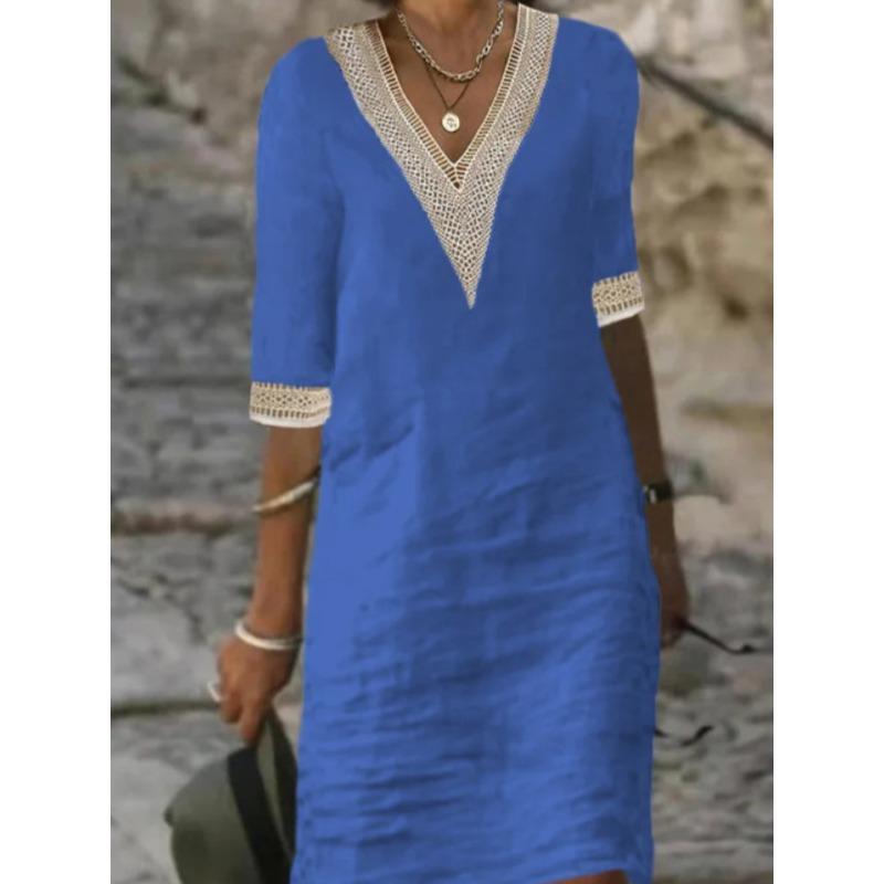 HNXC Damenmode Sommer Frühling Einfarbig Druck 2/1 Ärmel V-Ausschnitt Freizeitkleider XXXXXL blau