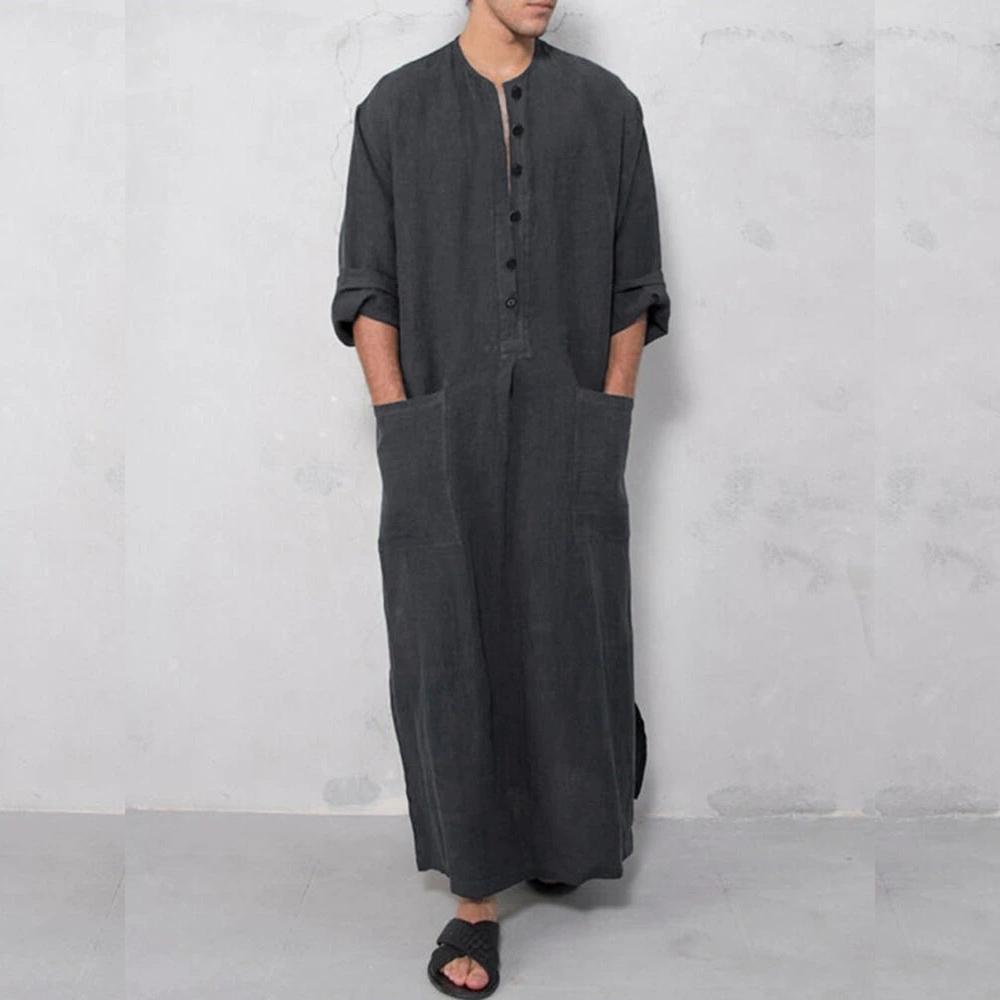 Herren Langarm Button Up Abaya Kaftan Einfarbig Naher Osten Kaftan Robe XXXL