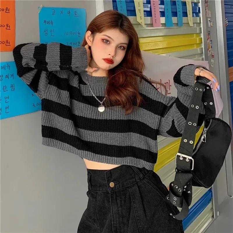 Mode abgeschnitten Pullover Sexy Tops Frauen schwarz weiß gestreift lose Pullover gestrickte Pullover Frauen koreanische Mode Jumper Mädchen Street Hip Hop L