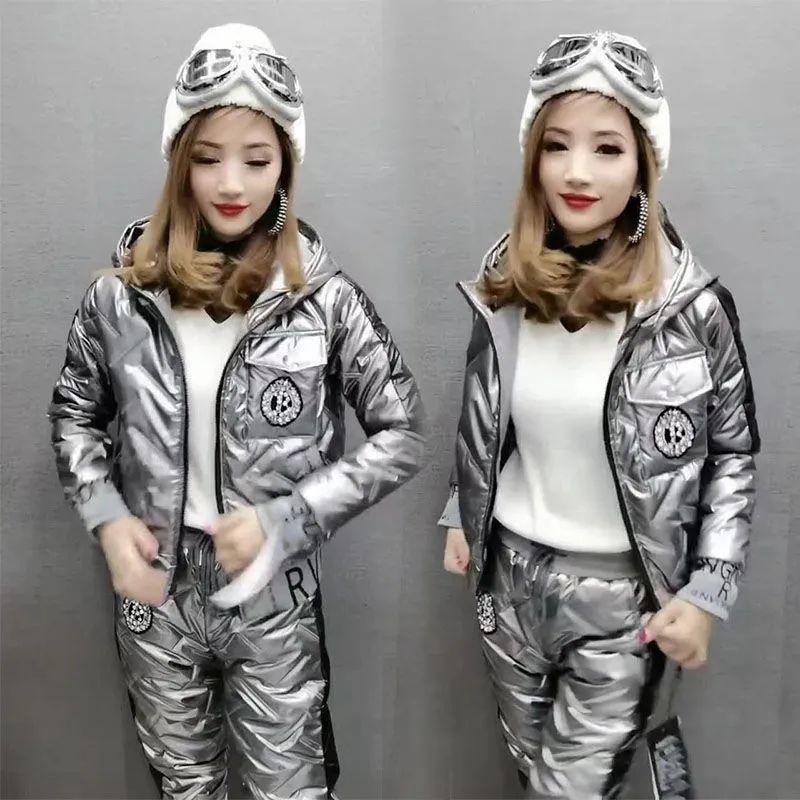 Winter Warme Glänzende Zweiteilige Sets Damen Verdicken Daunenparkas Kapuzenmäntel Anzüge Jogginghosen Outfits XS silber