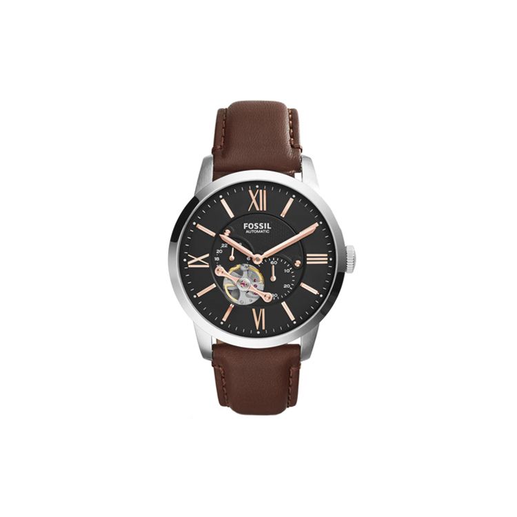 Fossil Automatische Mechanische Uhr Lederarmband 45mm Schwarzes Zifferblatt 50m Wasserdicht Herrenuhren ME3061 Black Dial