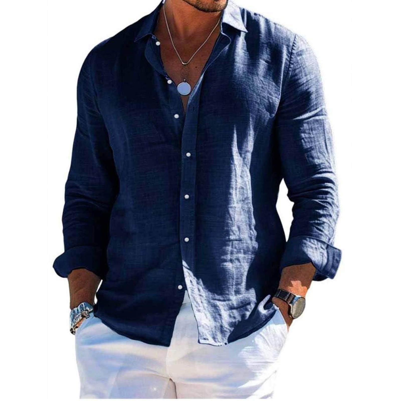 Herren Langarm Leinenhemd Kentkragen Hemd Business Casual Hemd Businesshemd Regular Fit Hemd XL dunkelblaue