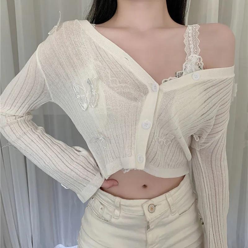 Schmetterling Stricken Strickjacken Frauen Sexy V-ausschnitt Fitness Crop Tops Damen Sommer Dünne Lange Ärmeln Sonnenschutz Jacken L weiß