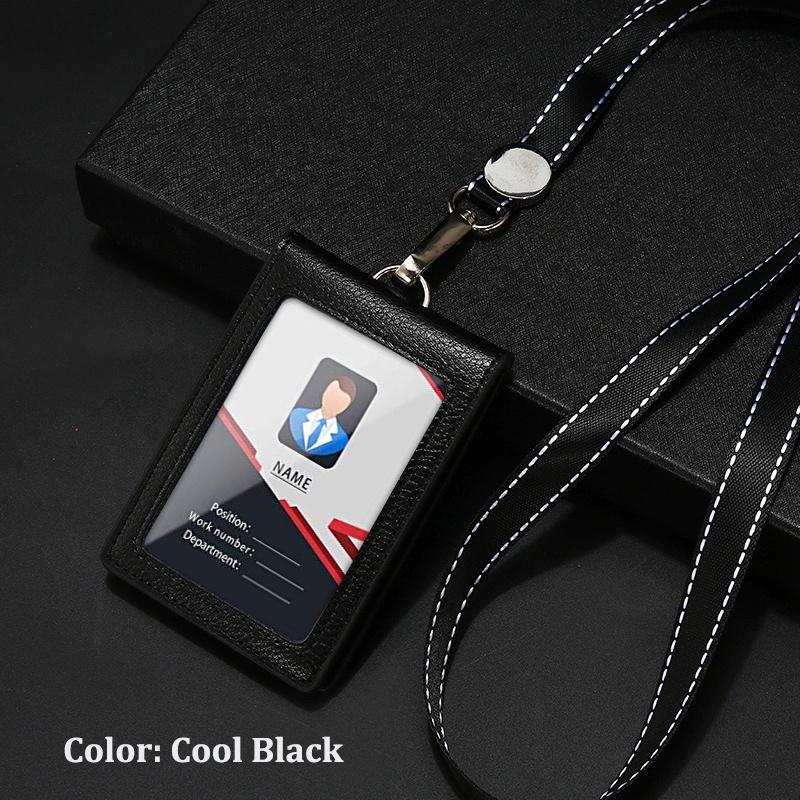 Ausweishalter aus echtem Leder, Schlüsselanhänger, Geldbörse, Umhängeband mit drehbarem Haken für Karten, Visitenkarten, Abzeichen, Buskarten, Zugangskarten, Ausweise coole schwarze