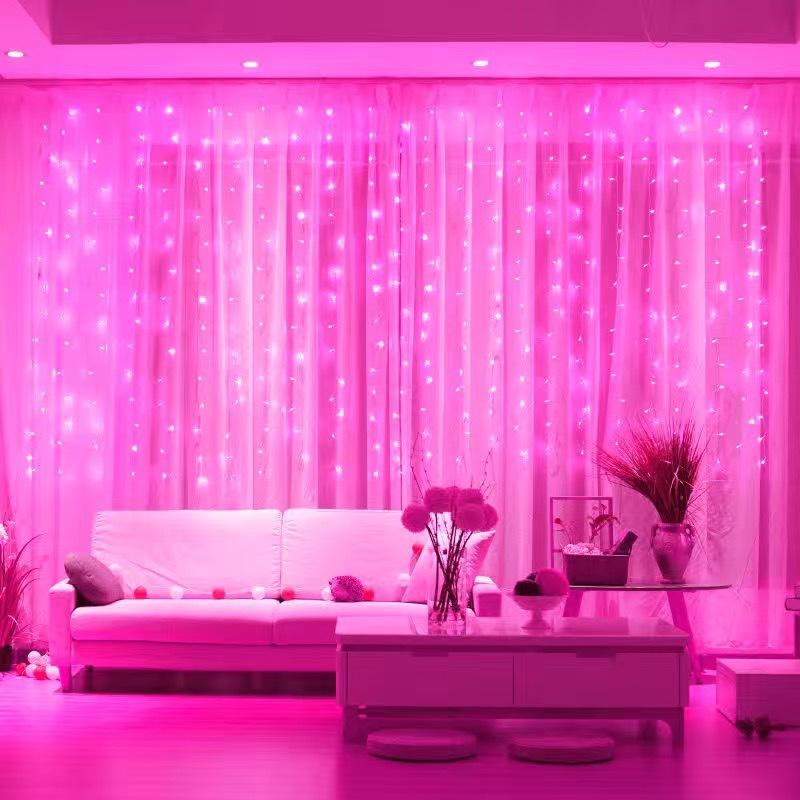 Vorhang LED Lichterketten Girlande Festival Weihnachtsdekoration USB-Fernbedienung Urlaub Hochzeit Lichterketten für Schlafzimmer Zuhause 3M(W)x2M(H) 200 LEDS rosa